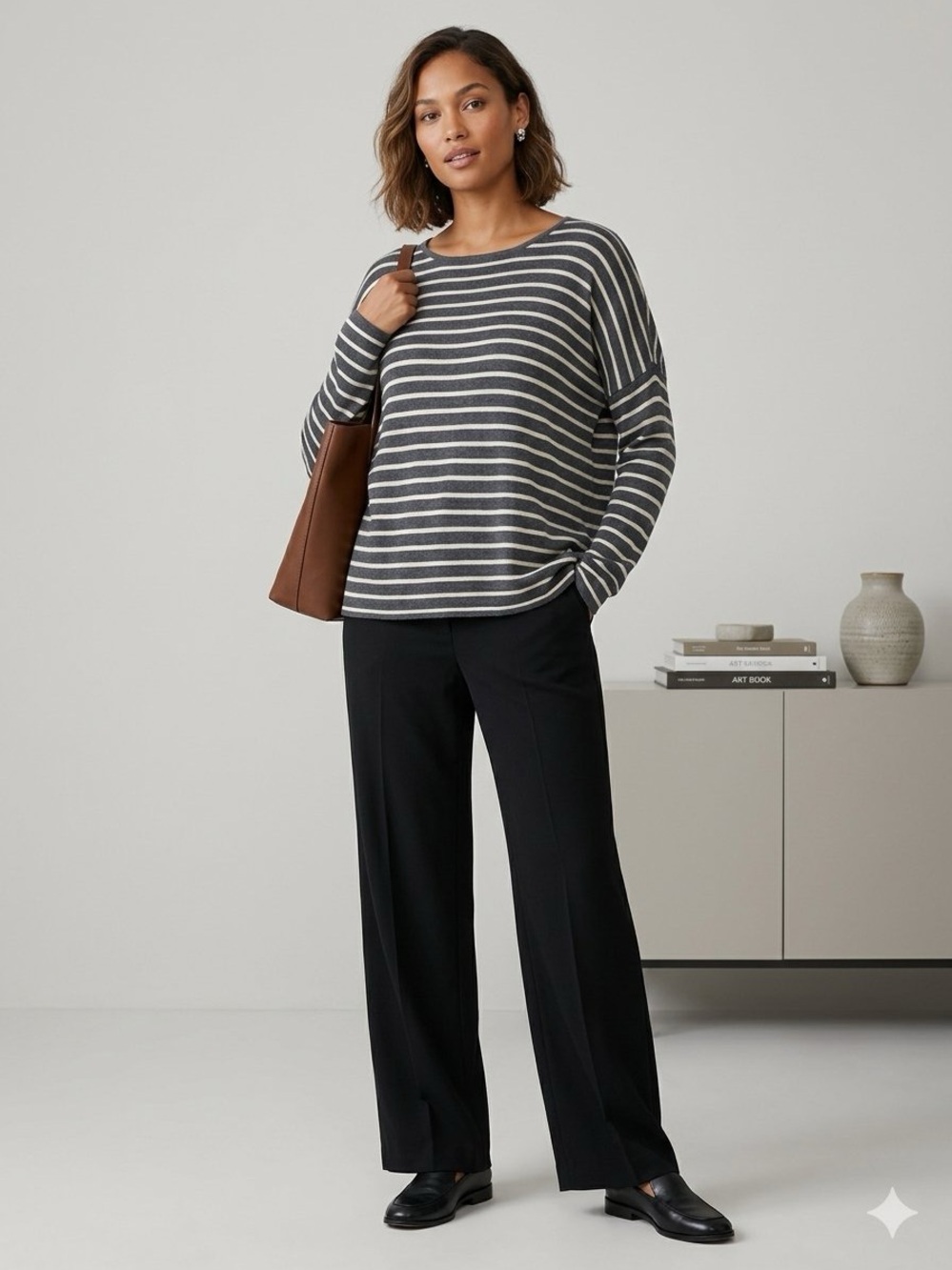 Eileen Fisher Striped Tencel Merino Wool Blend Long Sleeve Knit Top XL
